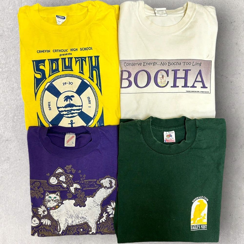 Lot Of 4 90's Large Vintage Mixed Theme Men's‎ T Shirts Cat Musical Bocha